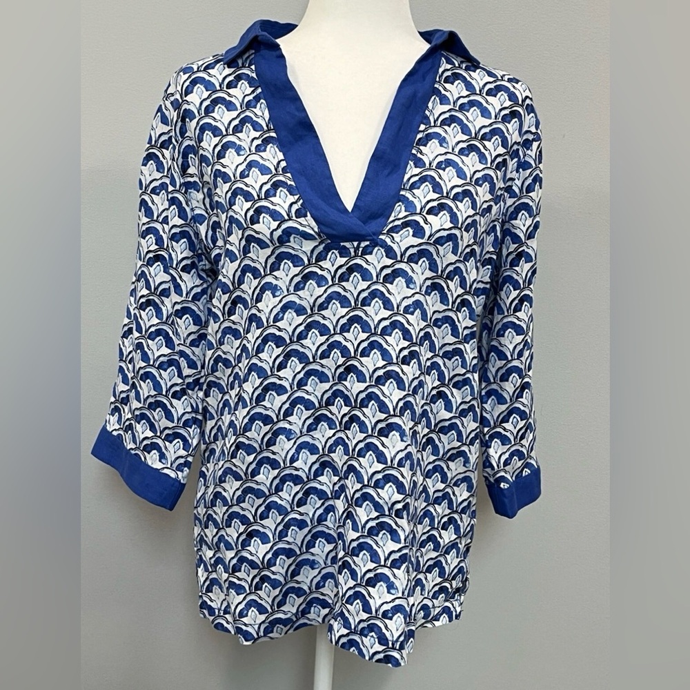 Sigrid Olsen Women’s 100% Linen Size S Top 3/4 Sleeve V-neck Blue & White NWT
